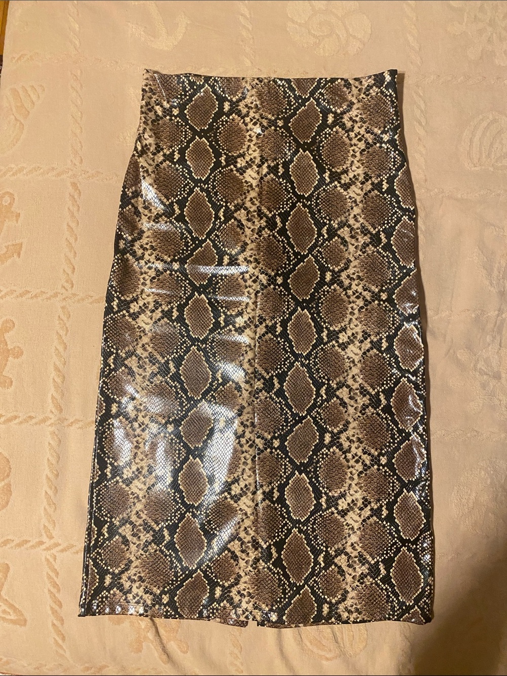 Faux Leather Python Snake Pull On Midi Skirt